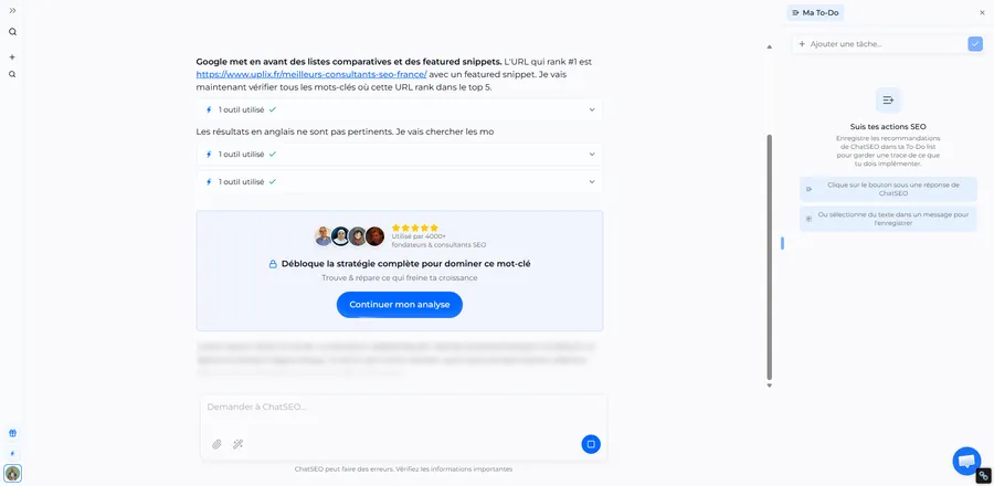 ChatSEO en train d'analyser un mot-clé avec les outils DataForSEO