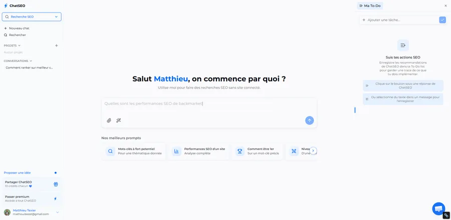 Interface principale de ChatSEO avec les prompts suggérés et la barre de chat