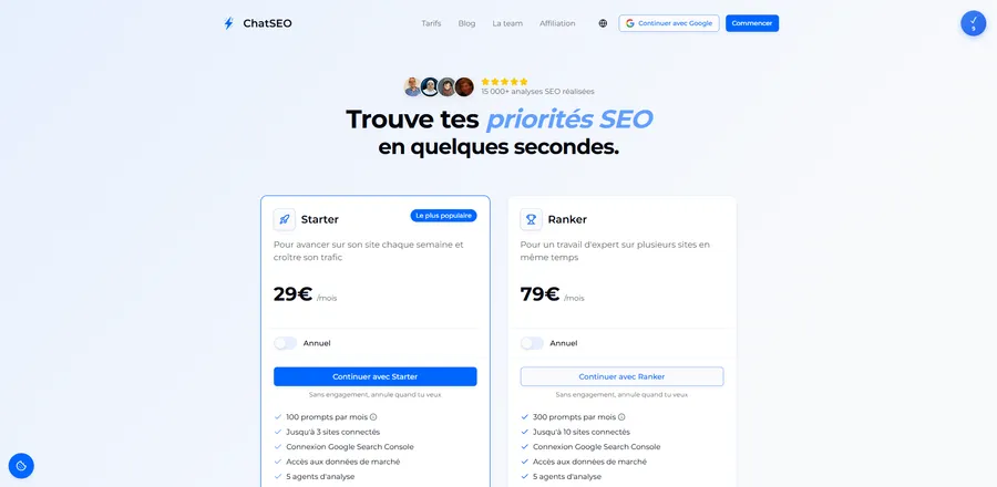 Page de tarification ChatSEO avec les plans Starter et Ranker